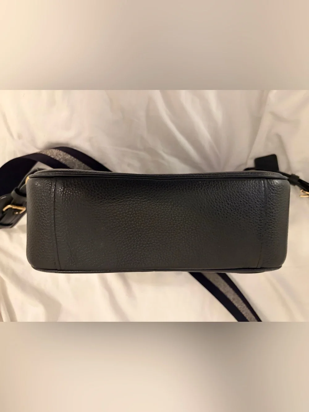 Coach Black Leather Crossbody with Striped Shoulder Strap and Gold Hardware